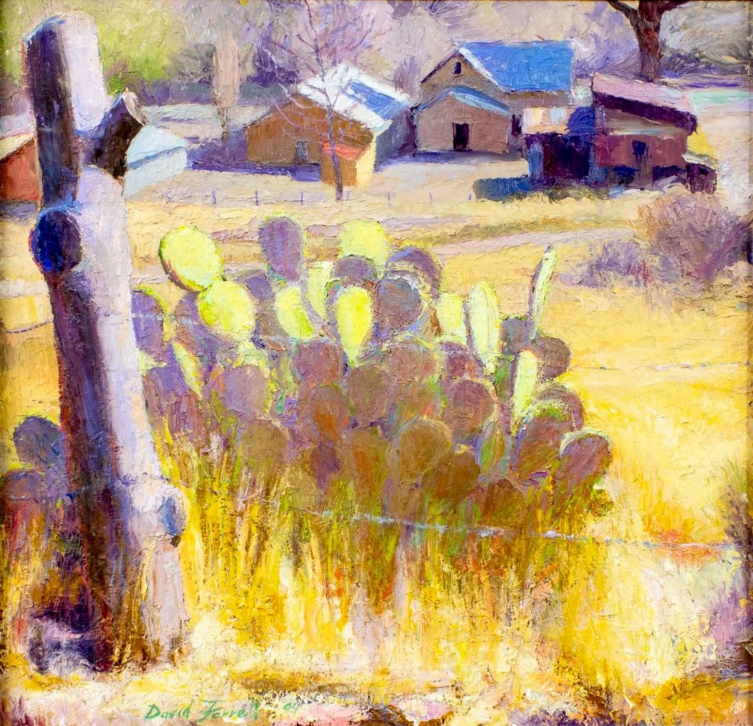 David W Farrell (FL,b 1950) oil painting: ARTIST: David W Farrell (Florida, born 1950) TITLE: Desert Village Landscape YEAR: 1994 MEDIUM: oil on board CONDITION: Few minor paint losses. No visibl