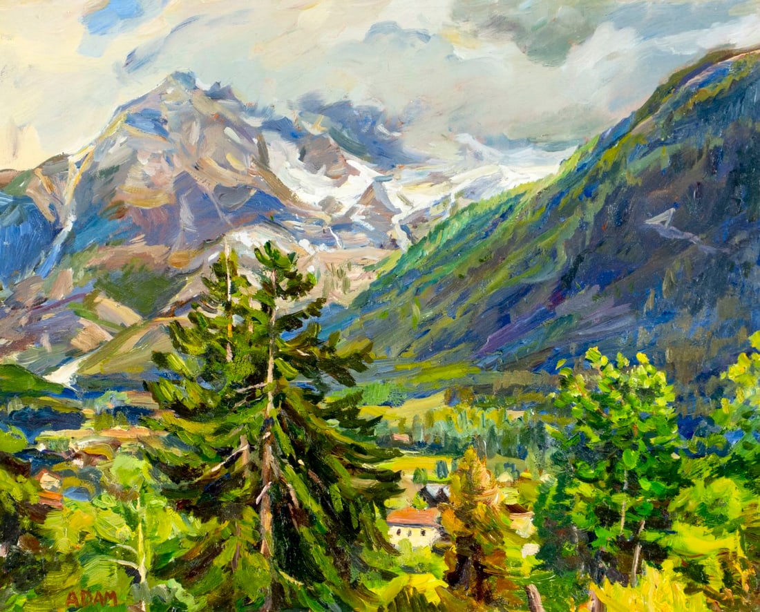 Adam (US,20C) oil painting: ARTIST: Adam (American, 20 century) TITLE: Mountain Landscape with Houses MEDIUM: oil on board CONDITION: Few minor paint losses. No visible inpaint under UV light. Wear to