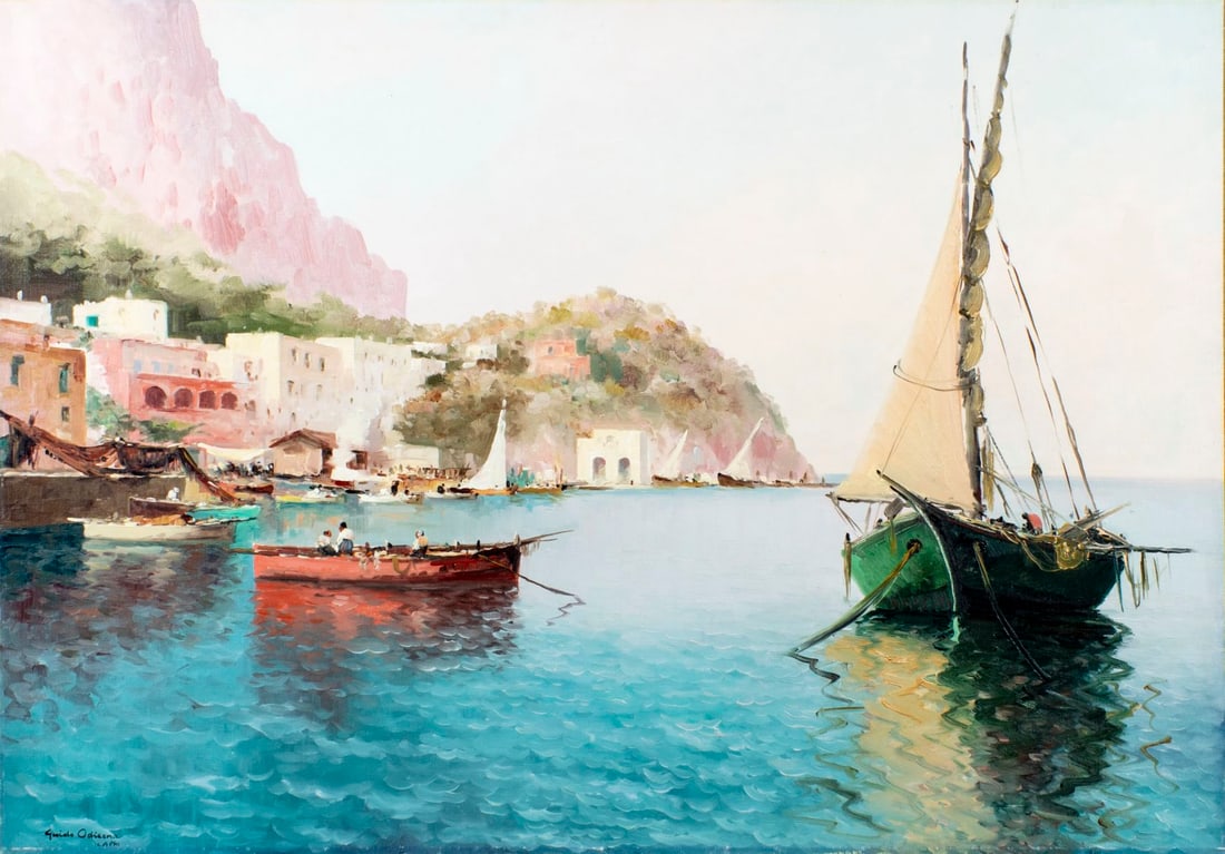 Guido Odierna (Italy,1913-1991) oil painting: ARTIST: Guido Odierna (Italian, 1913 - 1991) TITLE: Capri Coastal Landscape, Italy MEDIUM: oil on canvas. Canvas applied to board. CONDITION: Very good. No visible inpaint