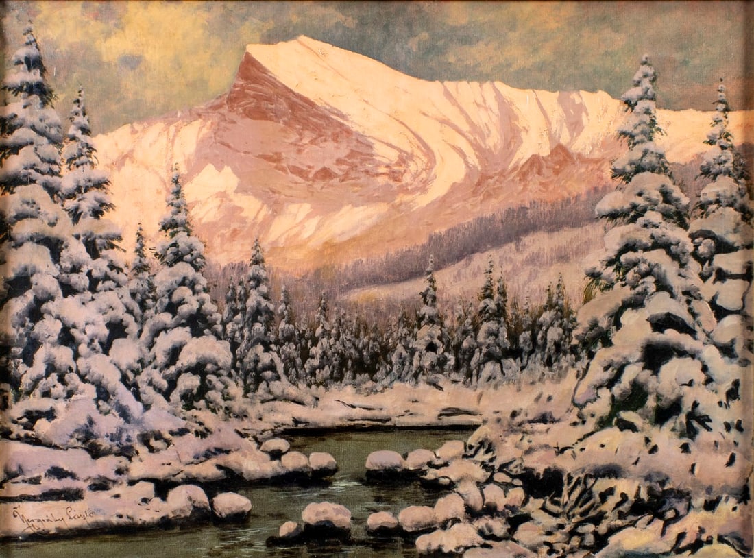 Laszlo Neogrady (Hungary,1896-1962) oil painting: ARTIST: Laszlo Neogradi (Hungarian, 1896 - 1962) TITLE: Sunset Winter Mountain Landscape MEDIUM: oil on canvas CONDITION: Few minor paint losses. Some craquelure. No visible