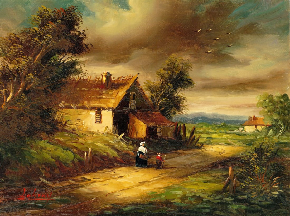 L Lobray (Europe,20C) oil painting: ARTIST: L Lobray (European, 20 century) TITLE: Countryside Landscape with Houses MEDIUM: oil on canvas CONDITION: Unstretched (In-House stretching available) (In-House stre