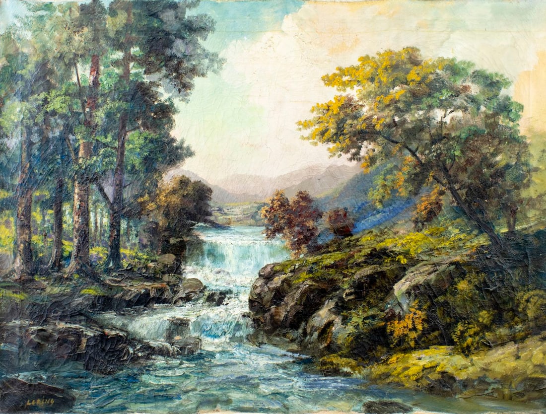 Loring (US,mid 20C) oil painting: ARTIST: Loring (American, mid 20 century) TITLE: Waterfall Landscape MEDIUM: oil on canvas CONDITION: Some scratches/paint losses. Some craquelure. No visible inpaint under