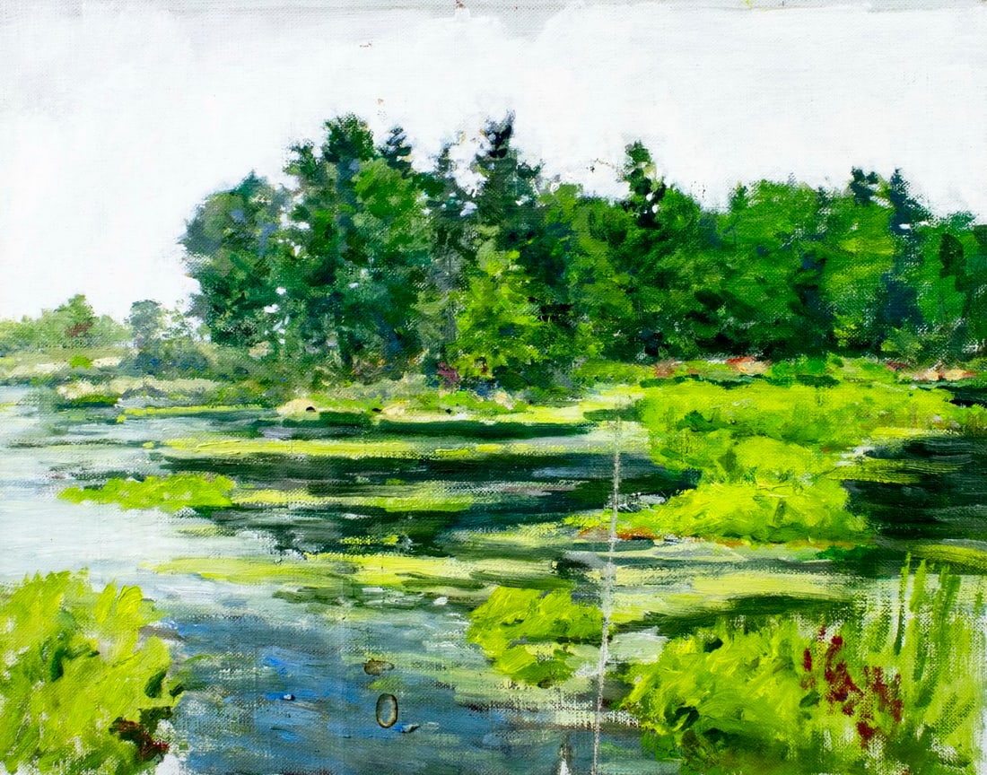 Helen DuMond (NY,CA,OR,1872-1968) oil painting: ARTIST: Helen Savier DuMond (New York, California, Oregon, 1872 - 1968) TITLE: River Landscape MEDIUM: oil on canvas CONDITION: Unstretched (In-House stretching available)