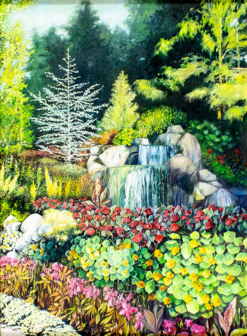 C S Lassen (NY,20/21C) oil painting: ARTIST: C S Lassen (New York, 20/21 centuries) TITLE: Garden Waterfall Landscape YEAR: 2004 MEDIUM: oil on canvas CONDITION: Very good. No visible inpain