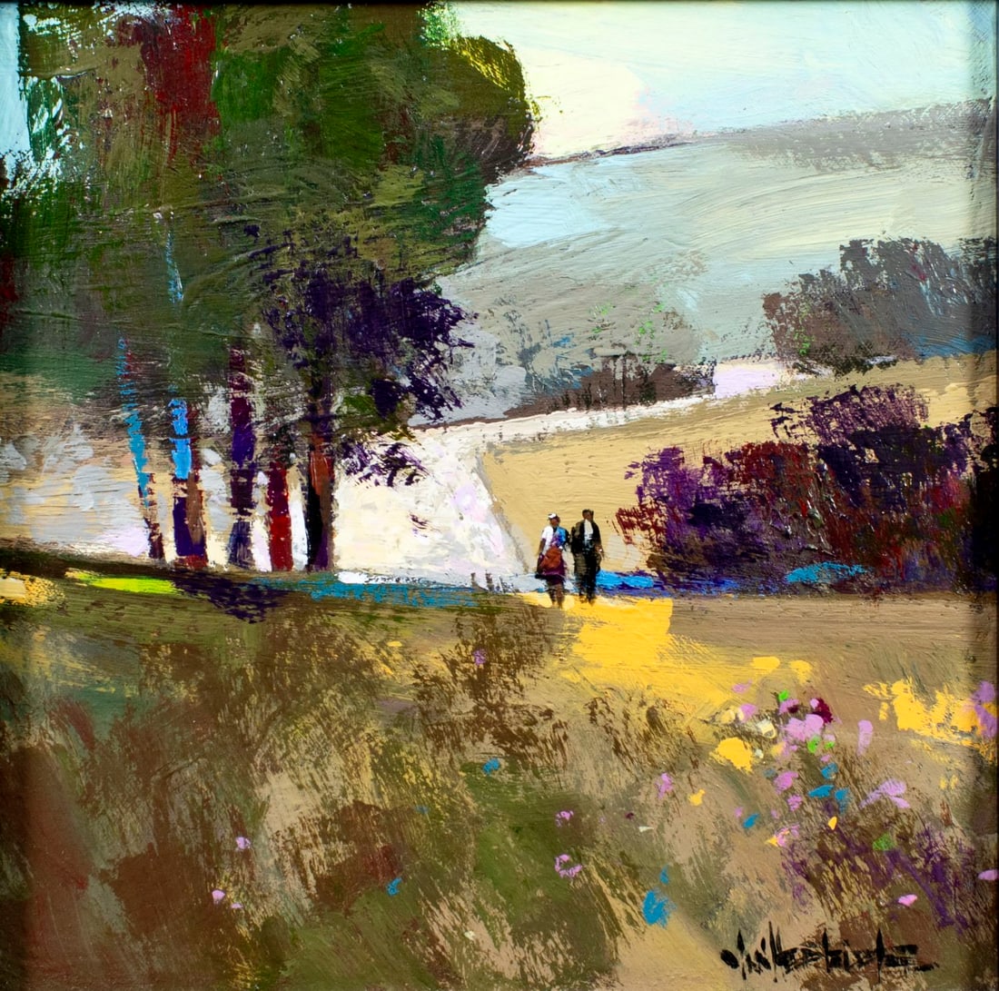 Ian Herslet (South Africa,20/21C) acrylic painting: ARTIST: Ian Herslet (South African, 20/21 centuries) TITLE: Country Landscape with Couple MEDIUM: acrylic on canvas CONDITION: Very good. No visible inpaint under UV light.<