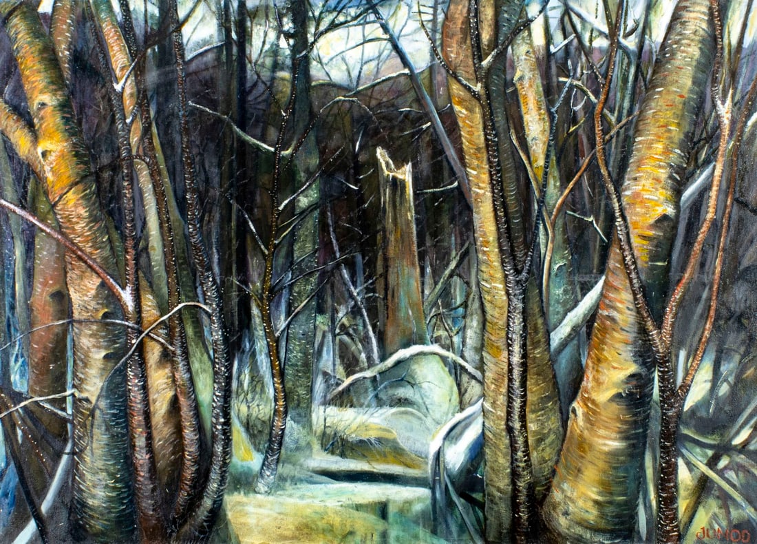 Junod (US,early 20C) oil painting antique: ARTIST: Junod (American, early 20 century) TITLE: Winter Forest Landscape MEDIUM: oil on canvas CONDITION: Missing a few flakes of paint. Minor craquelure. No visible inpain