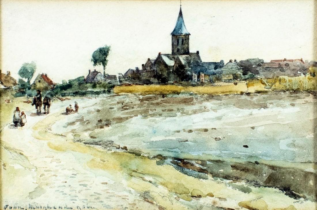 John Muirhead (UK,1863-1927) watercolor painting antique: ARTIST: John Muirhead (United Kingdom, 1863 - 1927) TITLE: Village Landscape MEDIUM: watercolor on paper CONDITION: Minor foxing (just few spots). Some age toning. Framed