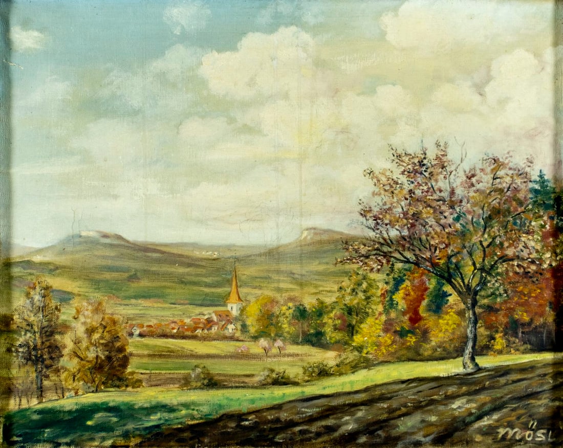 Mosl (German,mid 20C) oil painting: ARTIST: Mosl (Germany, mid 20 century) TITLE: Autumn Countryside Landscape MEDIUM: oil on canvas CONDITION: Some scratches/paint losses mostly in the upper left quadrant. Mi