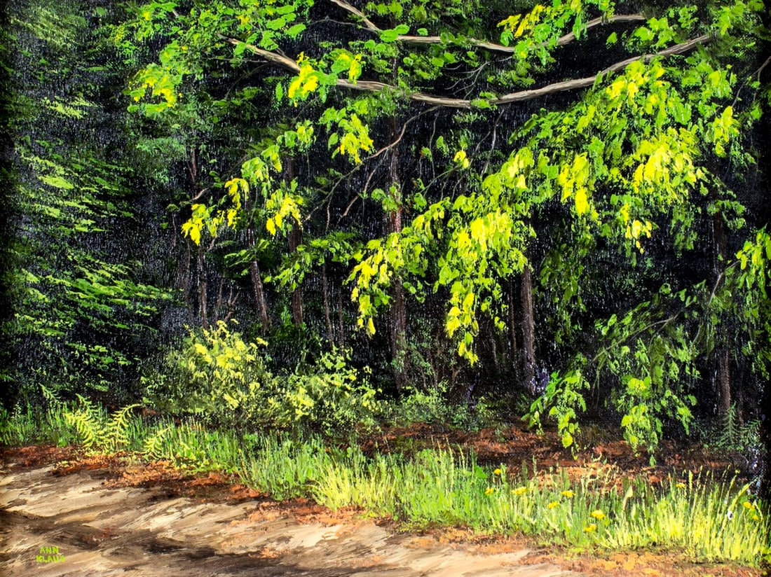 Ann L Klaus (NY,1933-1991) oil painting: ARTIST: Ann L "Schlehr" Klaus (New York, 1933 - 1991) TITLE: Roadside Green (titled on label) MEDIUM: oil on board CONDITION: Very good. No visible inpaint under UV light.<