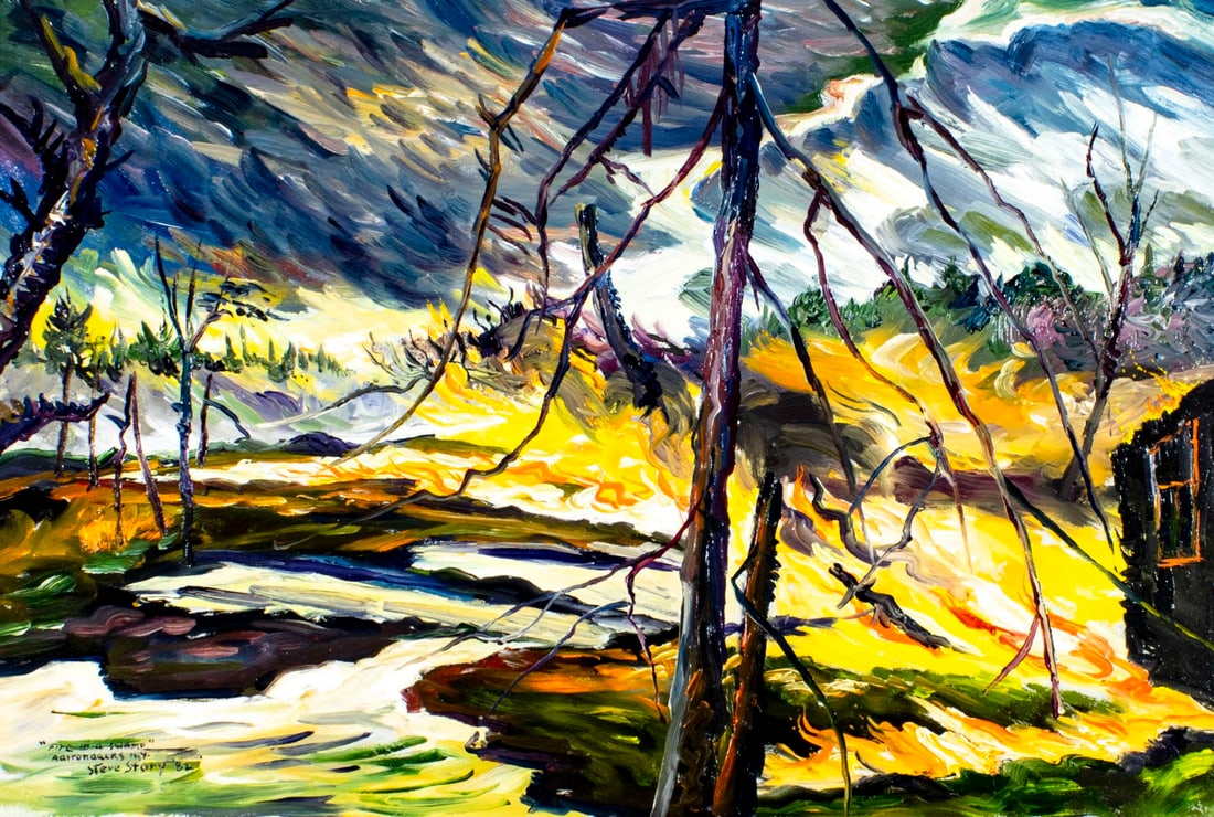 Stephen Story (NY,1915-1988) oil painting: ARTIST: Stephen S Story (New York, 1915 - 1988) TITLE: Fire in a Swamp, Adirondacks, NY (titled on verso) YEAR: 1982 MEDIUM: oil on board CONDITION: V