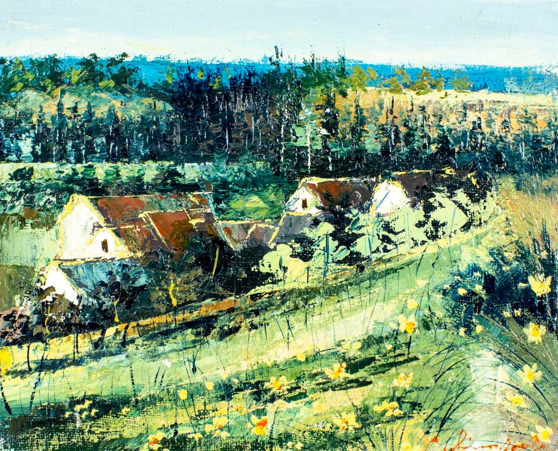 Simon Fox (US,20C) oil painting: ARTIST: Simon Fox (American, 20 century) TITLE: Country Landscape MEDIUM: oil on canvas CONDITION: Few small paint losses. No visible inpaint under UV light. ART