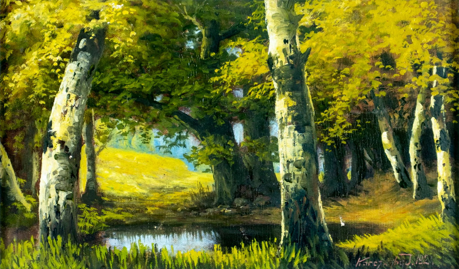 Antique early 20C European oil painting signed: ARTIST: - (Europe, early 20 century) TITLE: Forest Pond Landscape YEAR: 1921 MEDIUM: oil on board CONDITION: Some paint losses. Very minor craquelure.