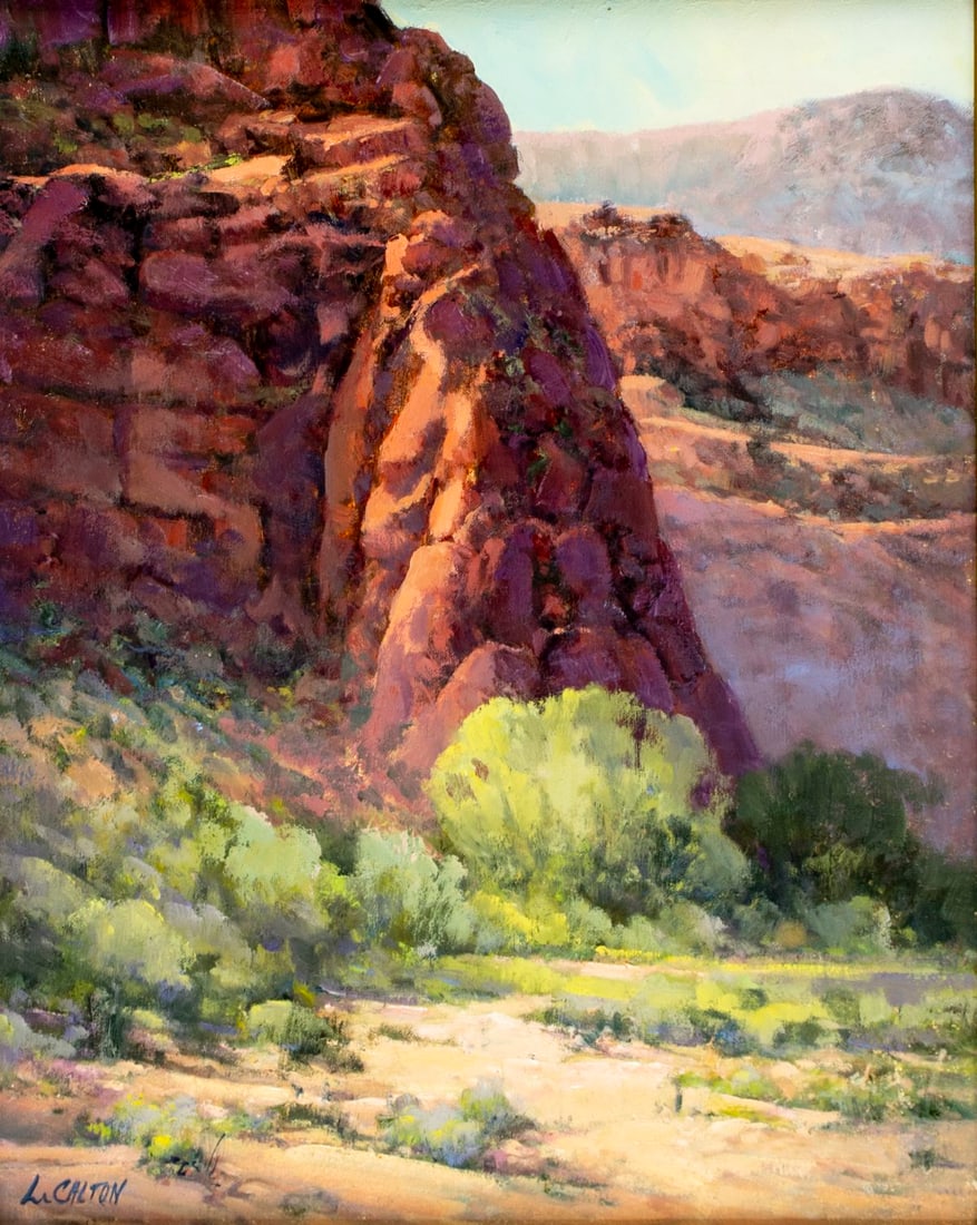 L Calton (US,20C) oil painting: ARTIST: L Calton (American, 20 century) TITLE: Mountain Landscape MEDIUM: oil on canvas CONDITION: Few very minor paint losses mostly along edges. No visible inpaint under U