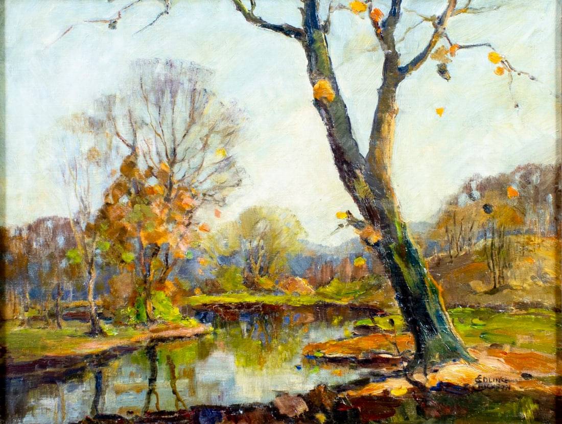 Esther Edling Erickson (IL,mid 20C) oil painting: ARTIST: Esther Edling Erickson (Illinois, mid 20 century) TITLE: Autumn Landscape - Edgbrook (titled on verso) YEAR: 1950 MEDIUM: oil on canvas CONDITION:
