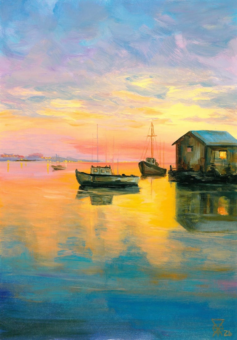 Oleksandr Pukhno (Ukraine,20/21C) oil painting: ARTIST: Oleksandr Pukhno (Ukrainian, 20/21 centuries) TITLE: Sunset Coastal Landscape with Boats MEDIUM: oil on heavy paper CONDITION: Very good. No visible inpaint under UV