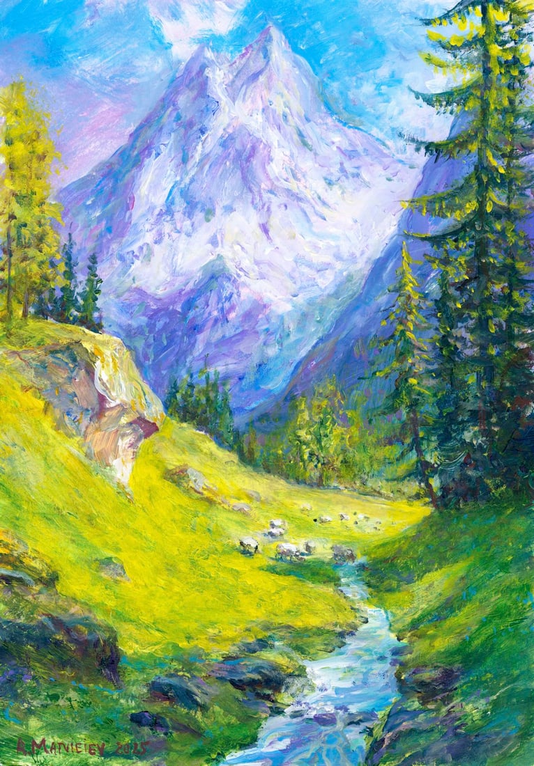 Andriy Matveev (Ukraine,b 1988) oil painting: ARTIST: Andriy Matveev (Ukrainian, born 1988) TITLE: Mountain Stream Landscape MEDIUM: oil on heavy paper CONDITION: Very good. No visible inpaint under UV light.