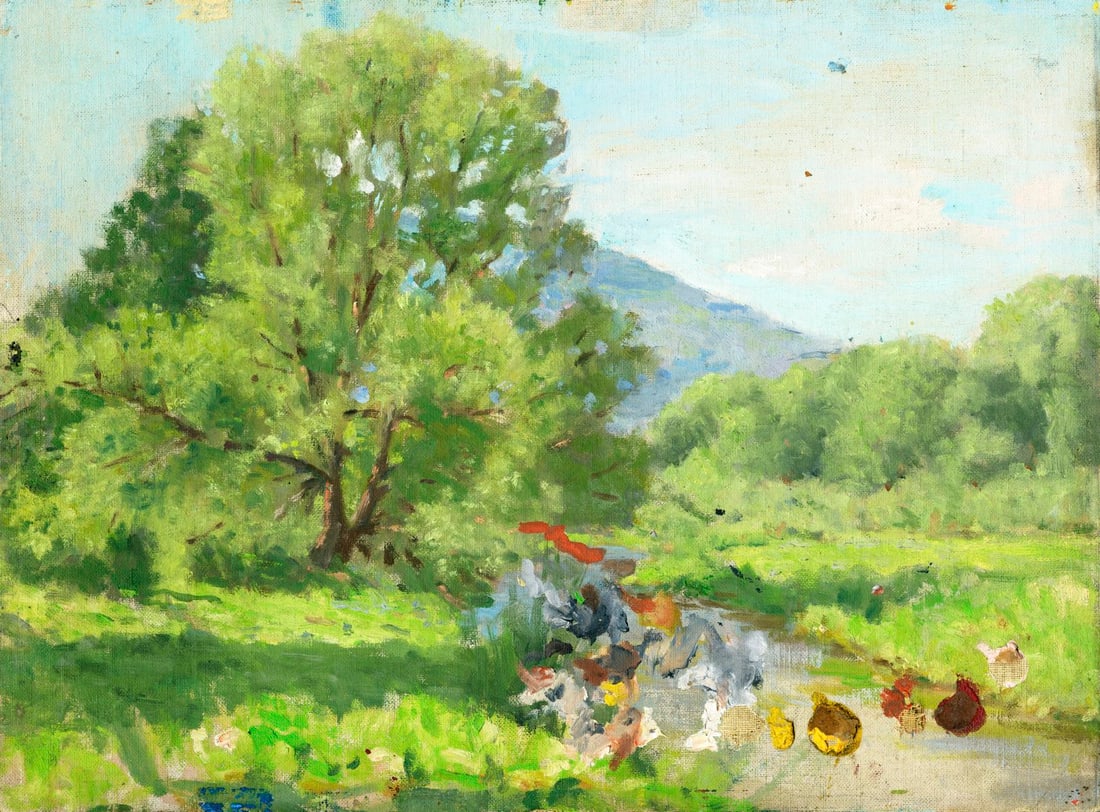 Helen DuMond (NY,CA,OR,1872-1968) oil painting: ARTIST: Helen Savier DuMond (New York, California, Oregon, 1872 - 1968) TITLE: Hilly Landscape MEDIUM: oil on canvas board CONDITION: Some warping. Some damages to the can