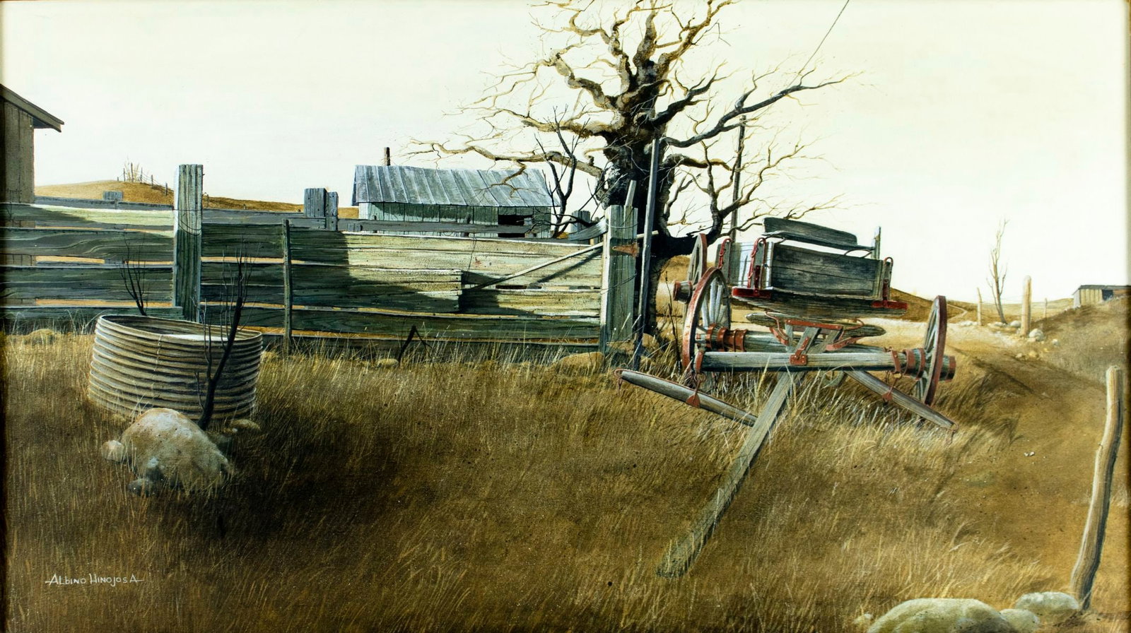 Albino R Hinojosa (LA,b 1943) oil painting: ARTIST: Albino R Hinojosa (Louisiana, b 1943) TITLE: Farm Landscape with Wagon MEDIUM: oil on canvas CONDITION: Missing a few flakes of paint. No visible inpaint under UV li