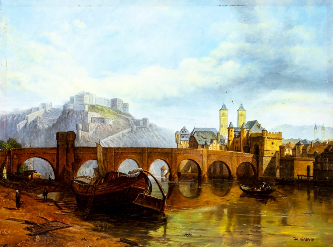 D Garvin (US,20C) oil painting: ARTIST: D Garvin (American, 20 century) TITLE: Castle Landscape MEDIUM: oil on board CONDITION: Minor damages to edges and corners. Minor scratches/paint losses. Minor craq