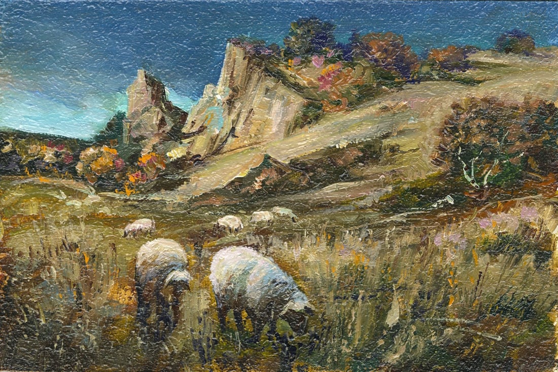 Sergey Kozachkin (Ukraine,b 1965) oil painting: ARTIST: Sergey Vasilievich Kozachkin (Ukraine, born 1965) TITLE: Landscape with Sheep MEDIUM: oil on board CONDITION: Very good. No visible inpaint under UV light.