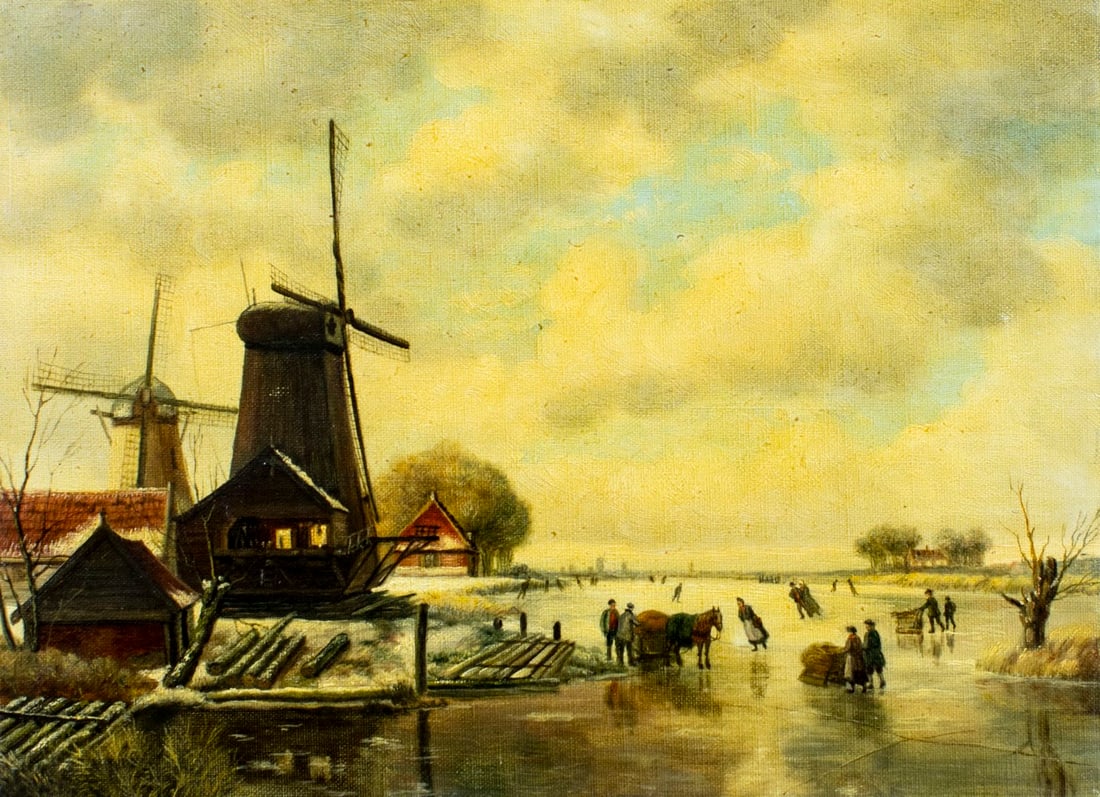 Vintage mid 20C European oil painting: ARTIST: - (European, mid 20 century) TITLE: Country Windmill Landscape MEDIUM: oil on canvas CONDITION: Few minor paint losses. Minor craquelure. No visible inpaint under