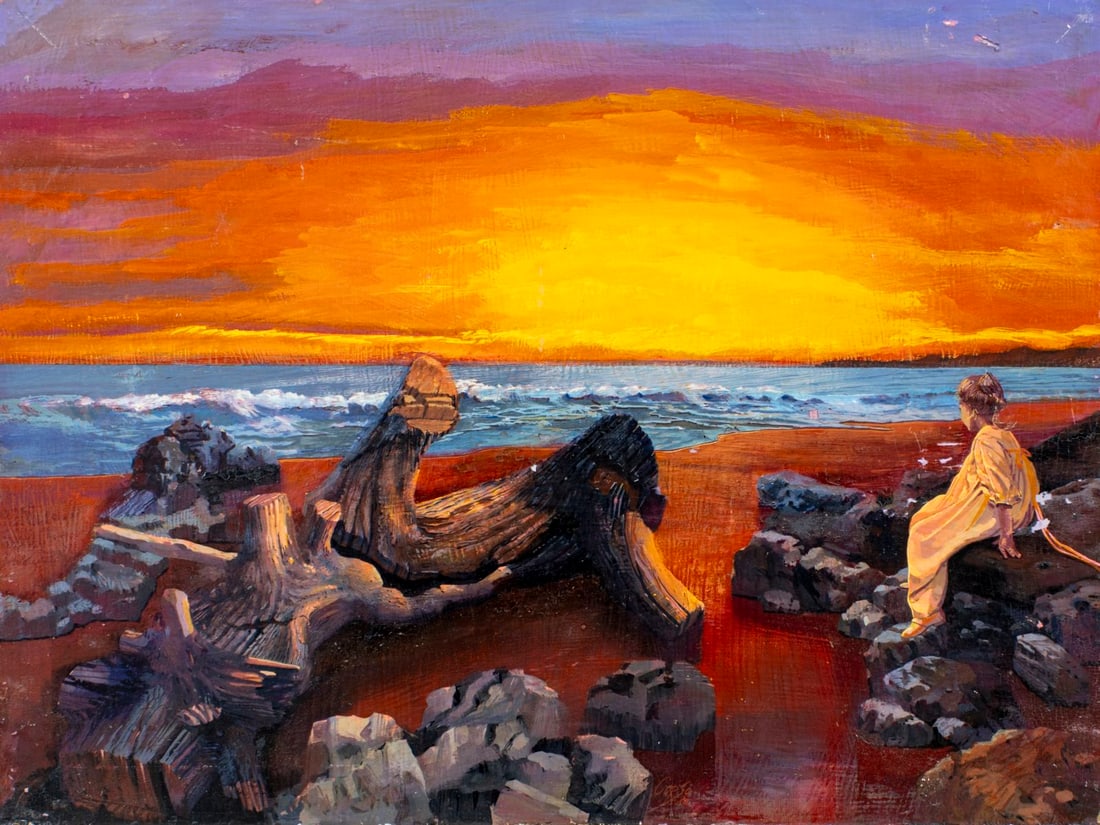 Corso (US,20C) oil painting: ARTIST: Corso (American, 20 century) TITLE: Sunset Seascape with Figure YEAR: 1980 MEDIUM: oil on board CONDITION: Some small damages to corners. Some fl