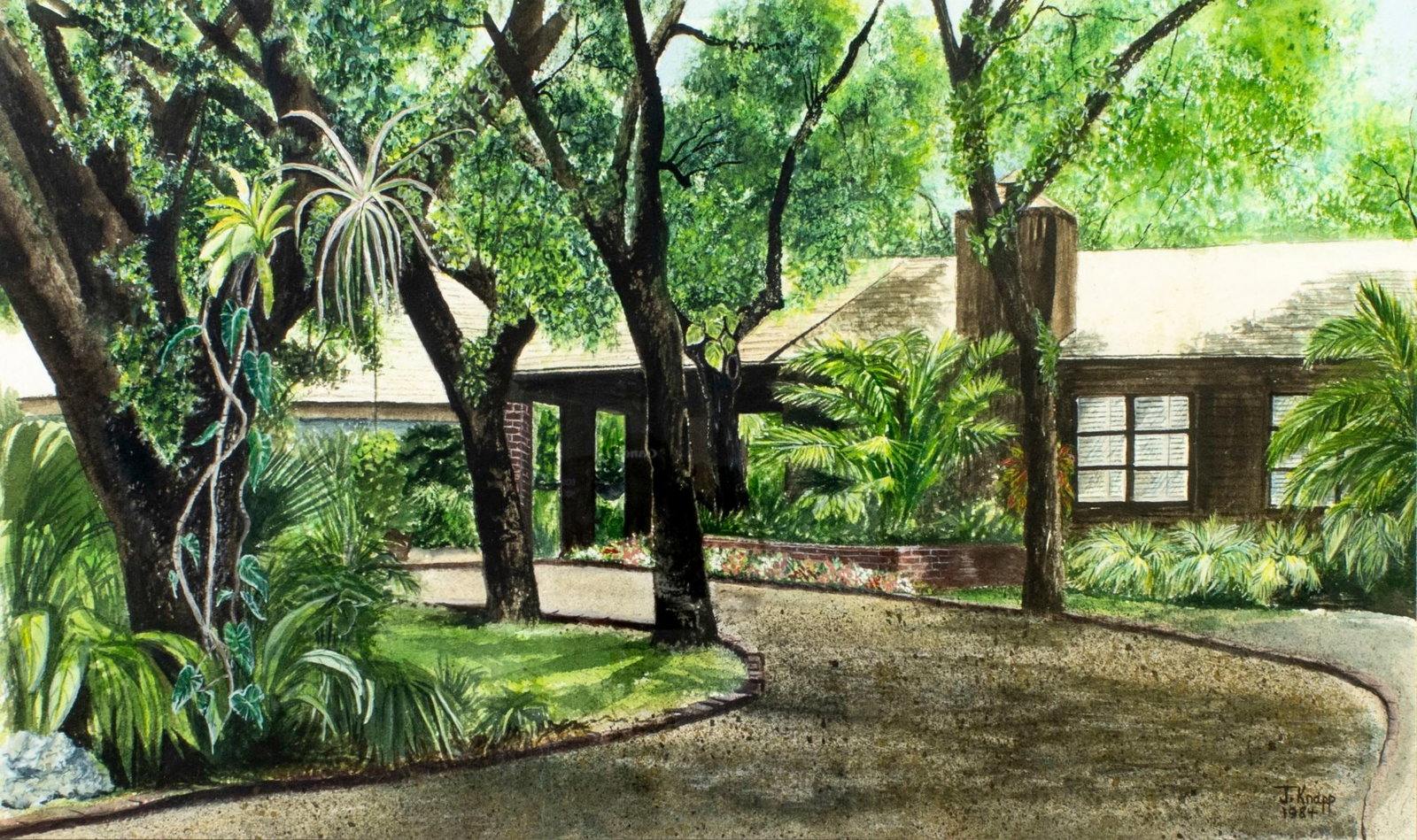 Joel Knapp (IN,TN,1939-2020) gouache painting: ARTIST: Joel Knapp (Indianna, Tennessee, 1939 - 2020) TITLE: Tropical Landscape with House YEAR: 1984 MEDIUM: gouache on paper CONDITION: Minor foxing. M