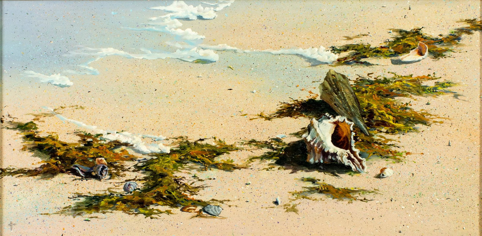 Vintage 20C American oil painting: ARTIST: - (American, 20 century) TITLE: Beach Scene with Shells MEDIUM: oil on canvas CONDITION: Minor craquelure. No visible inpaint under UV light. Wear to frame.