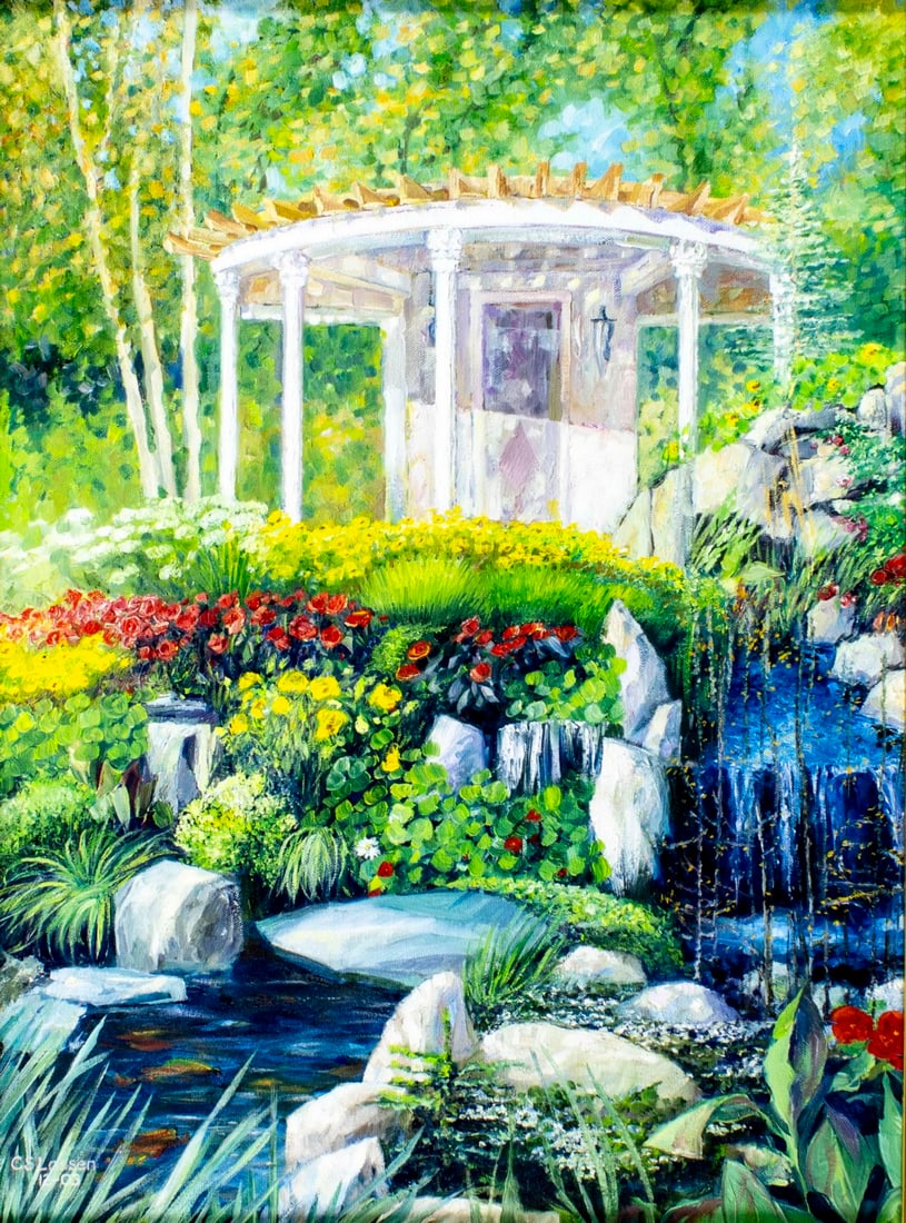 C S Lassen (NY,20/21C) oil painting: ARTIST: C S Lassen (New York, 20/21 centuries) TITLE: Garden Landscape YEAR: 2003 MEDIUM: oil on canvas CONDITION: Very good. No visible inpaint under UV