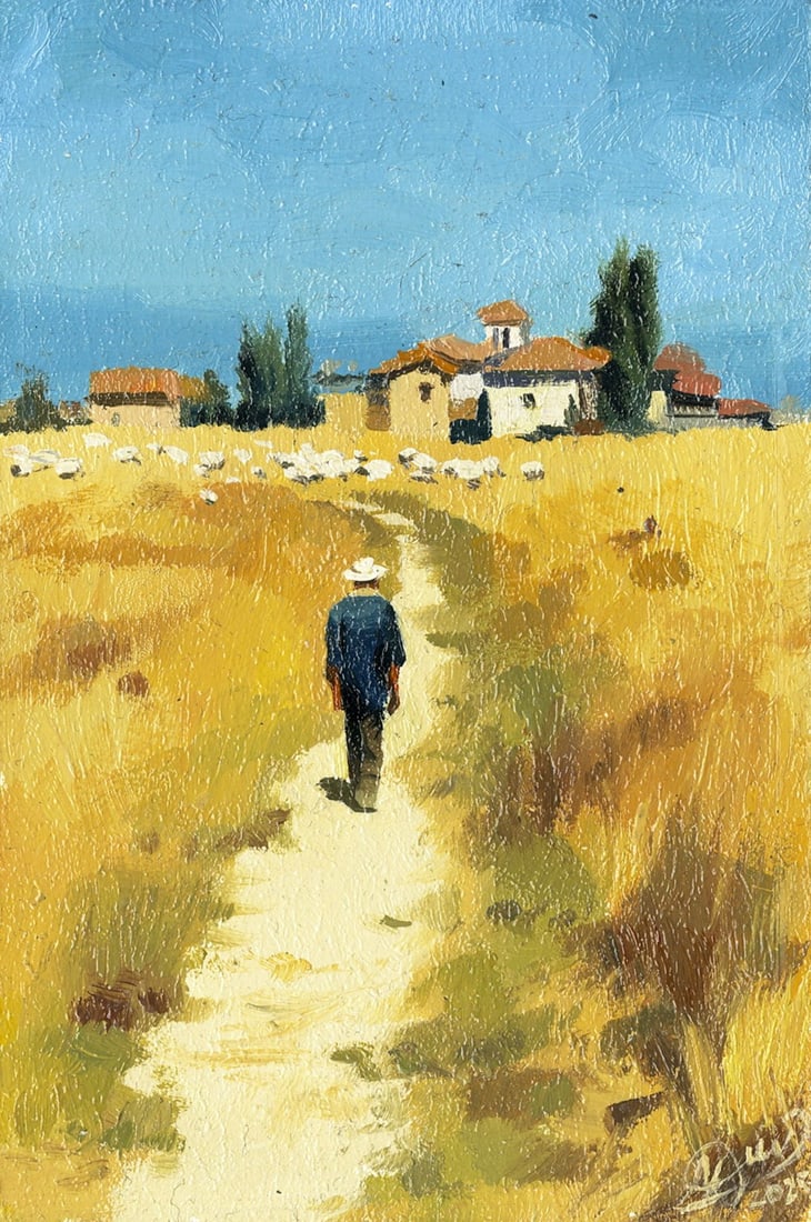 Anna Kozachuk (Ukraine,b 2002) oil painting: ARTIST: Anna Vladimirovna Kozachuk (Ukraine, born 2002) TITLE: Country Landscape with Sheep MEDIUM: oil on board CONDITION: Very good. No visible inpaint under UV light.