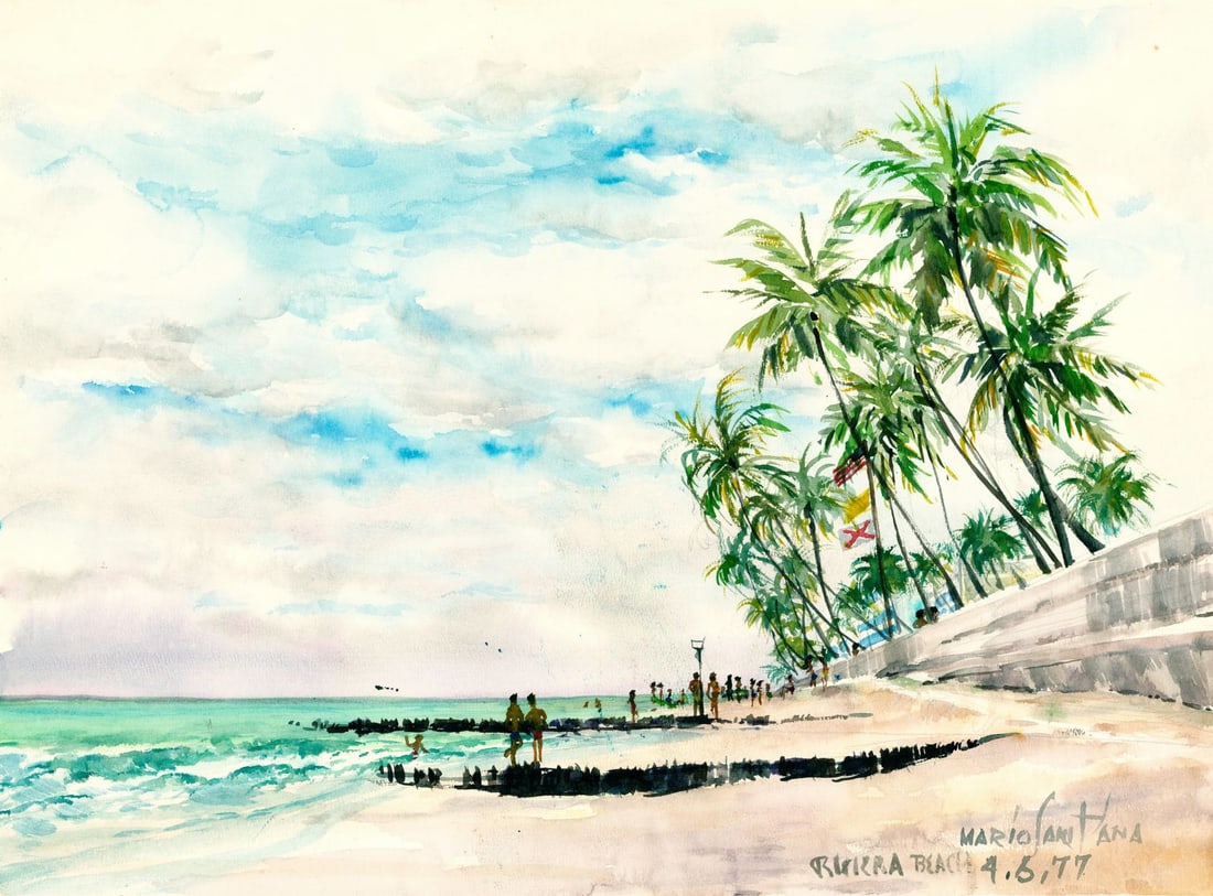 Mario Santana (FL,mid 20C) watercolor painting: ARTIST: Mario Santana (Florida, mid 20 century) TITLE: Coastal Landscape with Palm Trees YEAR: 1977 MEDIUM: watercolor on heavy paper CONDITION: Some dam