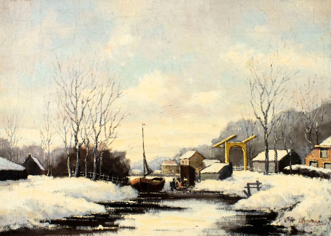 Willem Heytmann (Dutch,b 1950) oil painting: ARTIST: Willem Heytmann (Netherlands, born 1950) TITLE: Winter Town Scene MEDIUM: oil on canvas CONDITION: Unstretched (In-House stretching available) (In-House stretching a