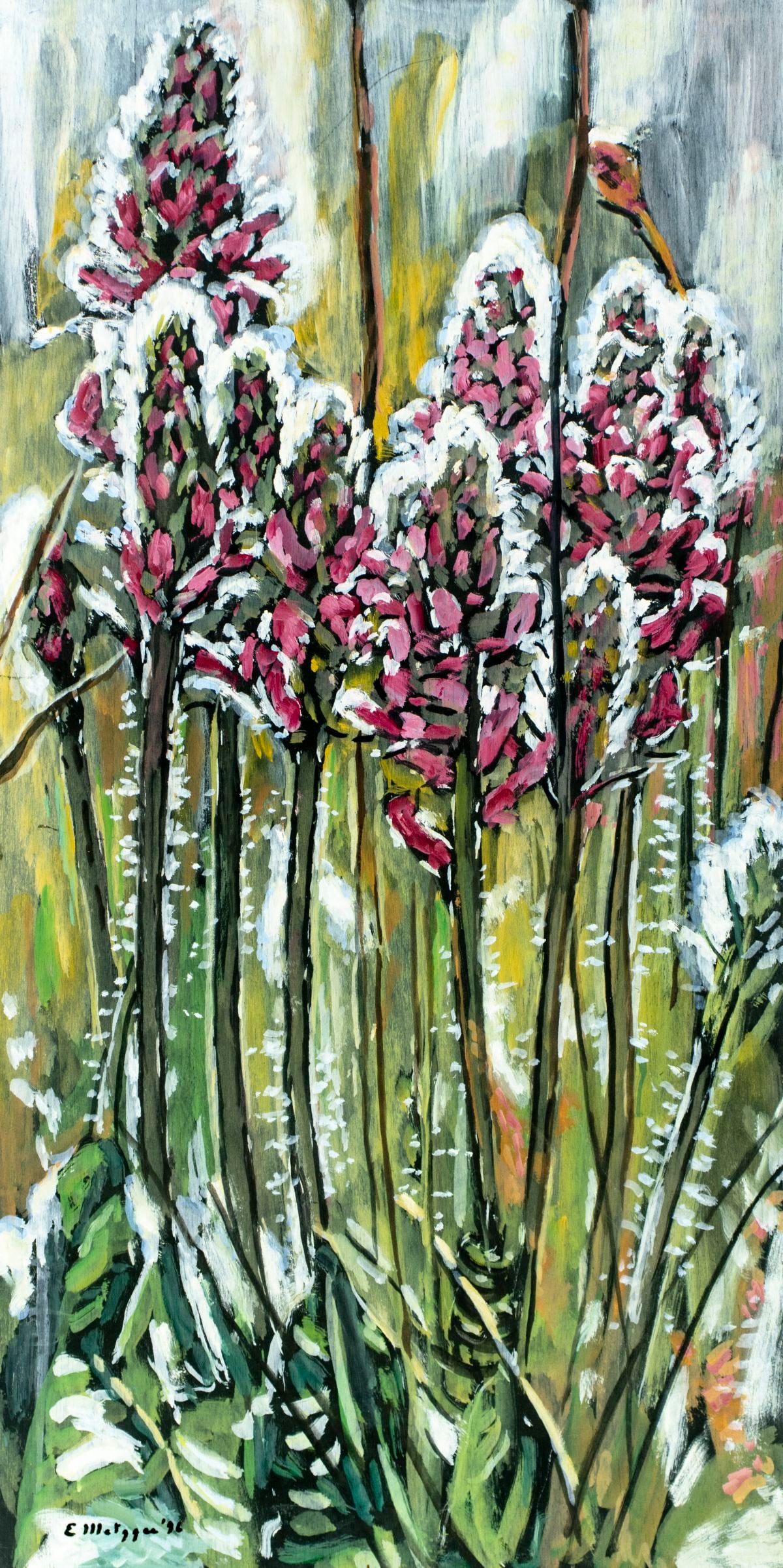 Evelyn Metzger (NY,Brazil,1911-2007) oil painting: ARTIST: Evelyn Borchard Metzger (New York, Brazilian, 1911 - 2007) TITLE: Locoweed (titled on verso) YEAR: 1996 MEDIUM: oil on board CONDITION: Minor dam