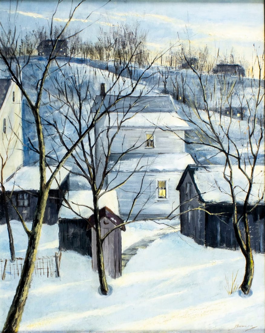 Bowler (US,20C) oil painting: ARTIST: Bowler (American, 20 century) TITLE: Winter Village Landscape MEDIUM: oil on canvas CONDITION: Overall good. No visible inpaint under UV light. ART SIZE:<