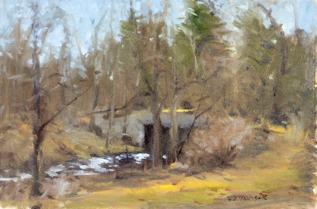 Robert Waltsak (NJ,b 1944) oil painting: ARTIST: Robert Alan Waltsak (New Jersey, born 1944) TITLE: Old Foot Bridge (titled on verso) MEDIUM: oil on canvas CONDITION: Overall good. No visible inpaint under UV light