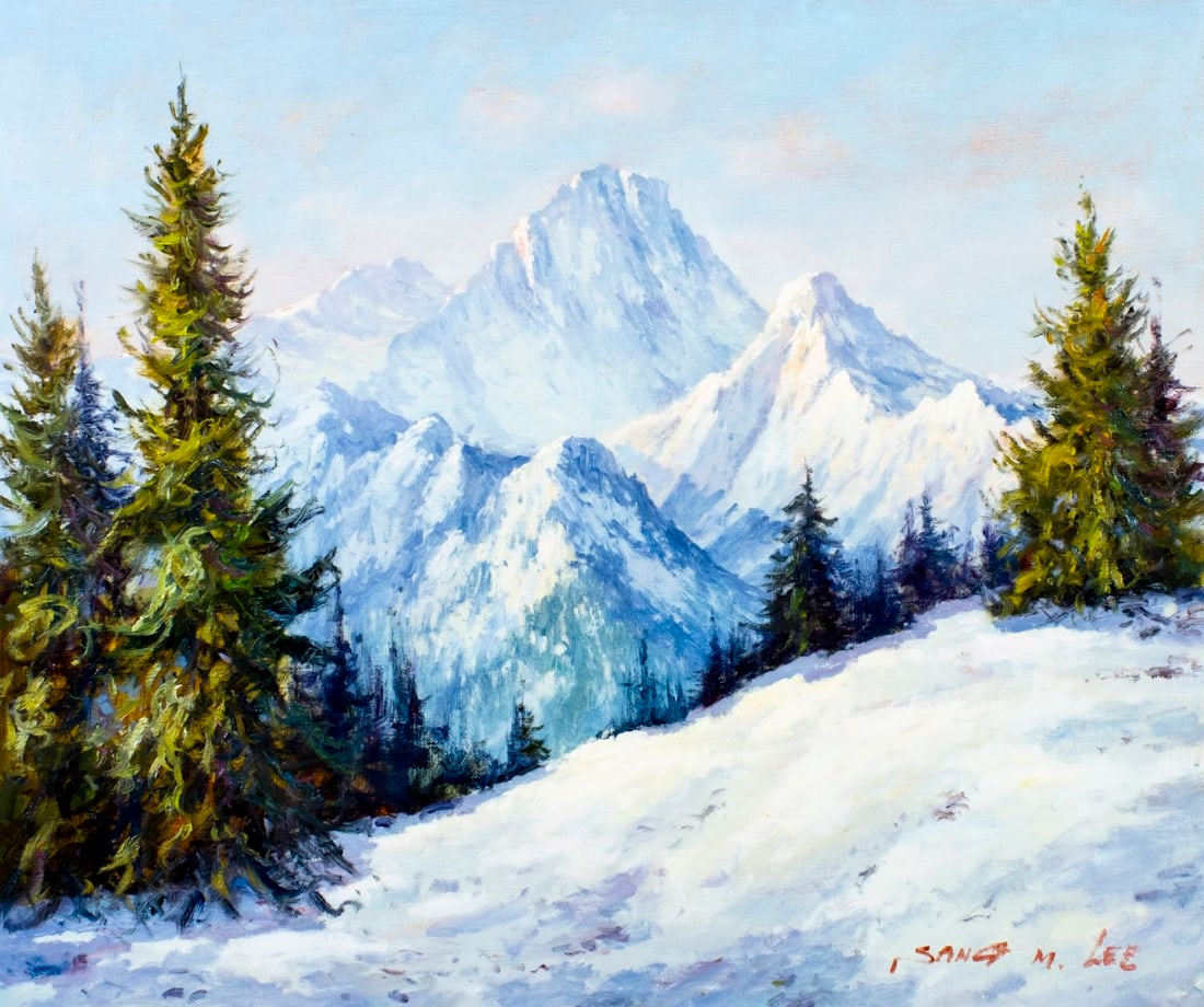 Sang M Lee (South Korea,US,b 1949) oil painting: ARTIST: Sang M Lee (South Korean, American, born 1949) TITLE: Winter Mountain Landscape MEDIUM: oil on canvas CONDITION: Unstretched (In-House stretching available) (In-Hous