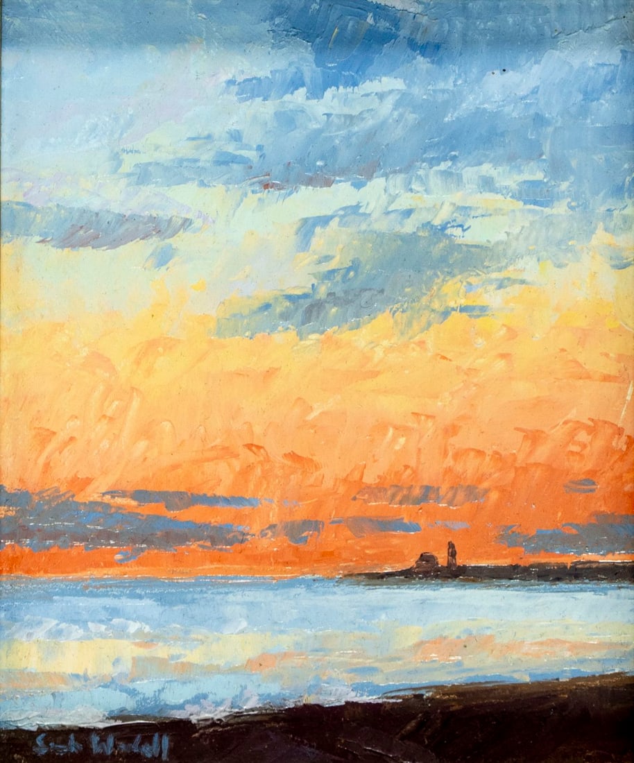 Sarah Wardell (MD,20/21C) oil painting: ARTIST: Sarah Wardell (Maryland, 20/21 centuries) TITLE: Landscape - Sunset Glow MEDIUM: oil on board CONDITION: Very good. No visible inpaint under UV light. Wear to frame.