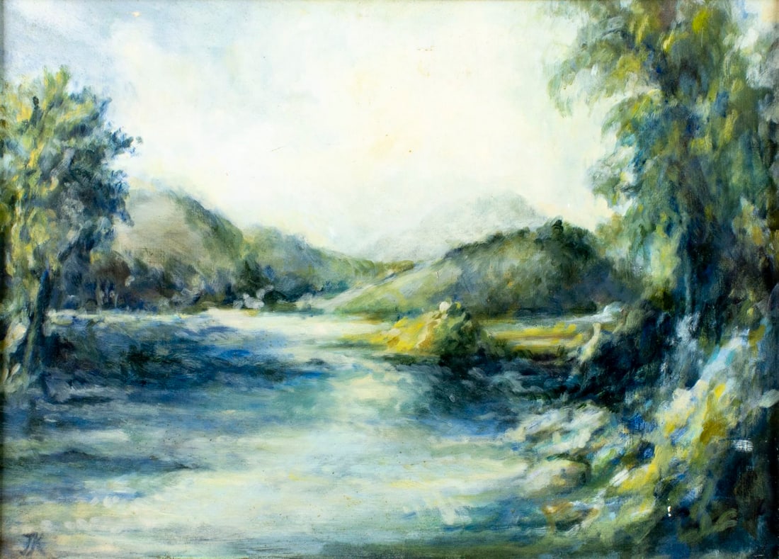 Vintage 20C New York oil painting signed: ARTIST: - (New York, 20 century) TITLE: Landscape - The Far Off Sound of Rushing Water YEAR: 1994 MEDIUM: oil on board CONDITION: Few small scratches/pai