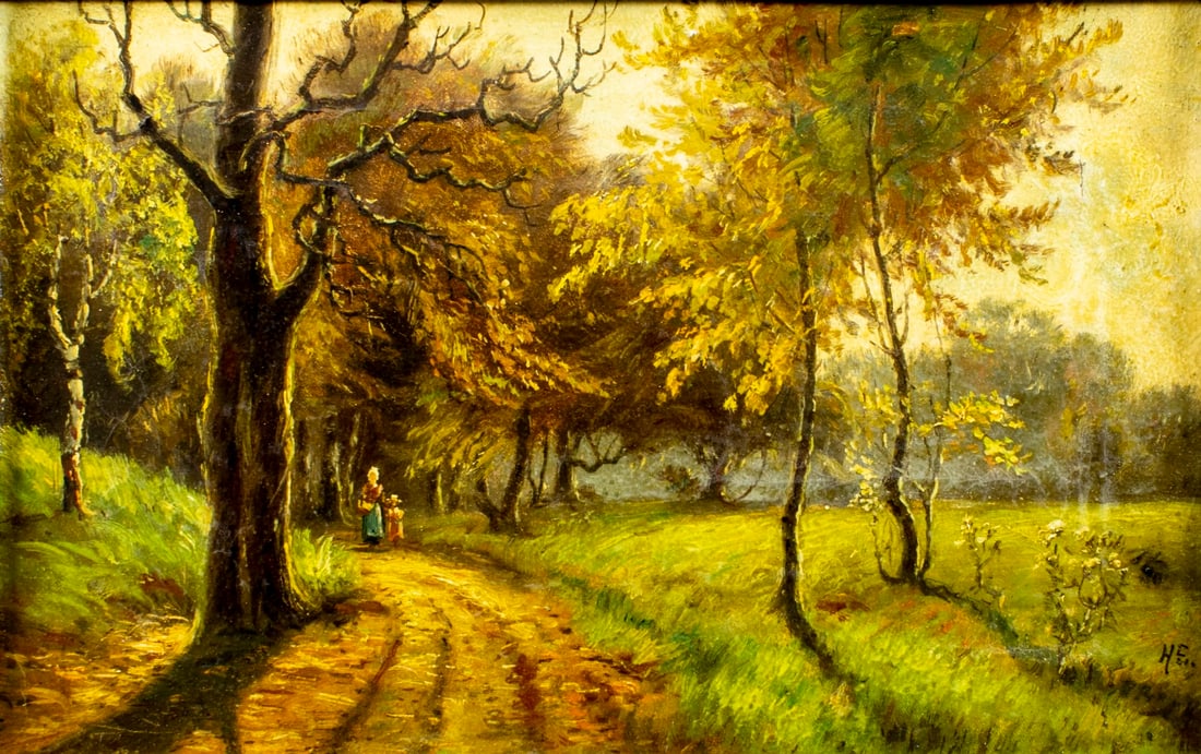 Antique early 20C American oil painting: ARTIST: - (American, early 20 century) TITLE: Autumn Forest Landscape with Figures MEDIUM: oil on canvas CONDITION: One small repaired tear. Few minor paint losses. Some cra