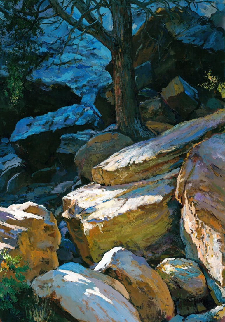 Mark Zybkin (Ukraine,20/21C) oil painting: ARTIST: Mark Zybkin (Ukraine, 20/21 centuries) TITLE: Rocky Forest Landscape MEDIUM: oil on heavy paper CONDITION: Very good. No visible inpaint under UV light. A