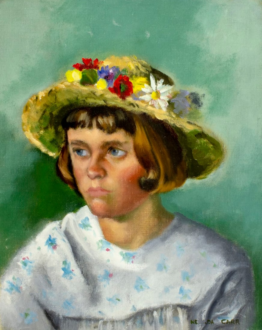 Nevada Carr (US,20C) oil painting: ARTIST: Nevada Carr (American, 20 century) TITLE: Portrait of Girl MEDIUM: oil on canvas CONDITION: Unstretched (In-House stretching available) (In-House stretching availab