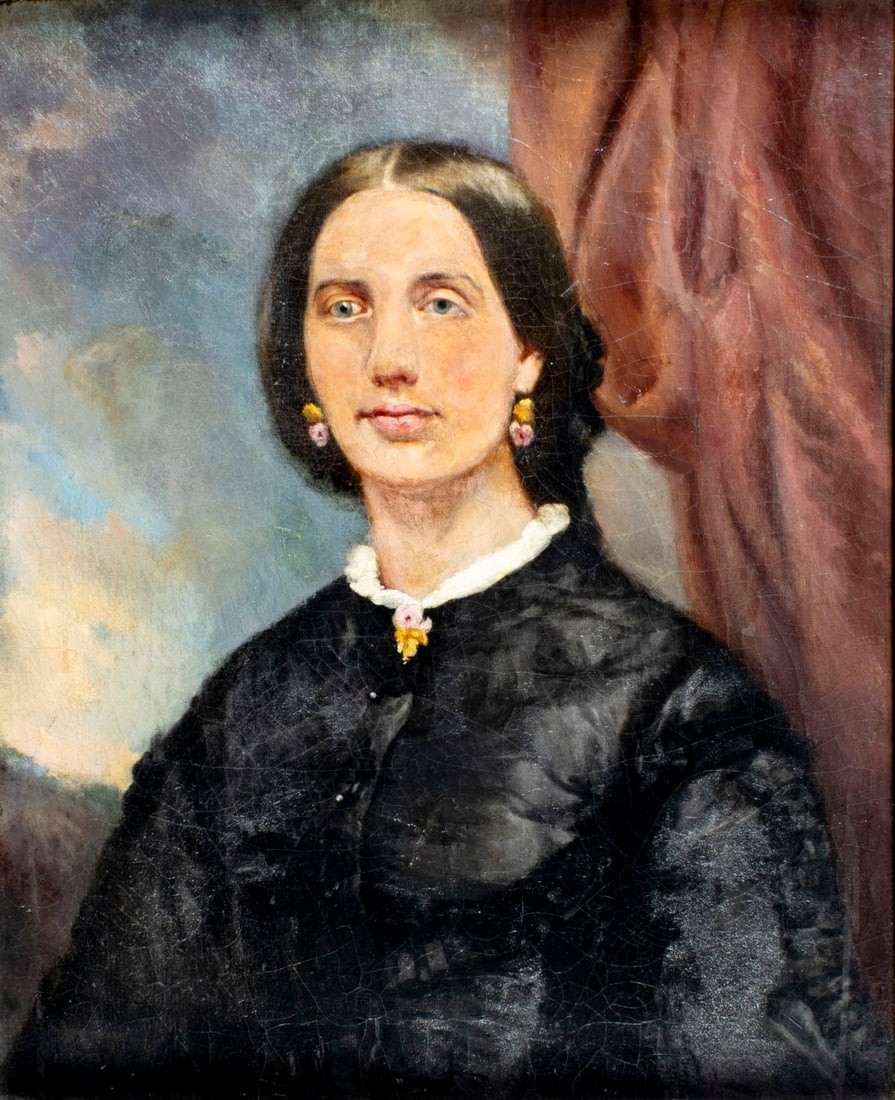 Julius Oeltzen (Europe,19C) oil painting antique: ARTIST: Julius Oeltzen (European, 19 century) TITLE: Portrait of Woman YEAR: 1867 MEDIUM: oil on canvas CONDITION: Relined. Missing a few flakes of paint