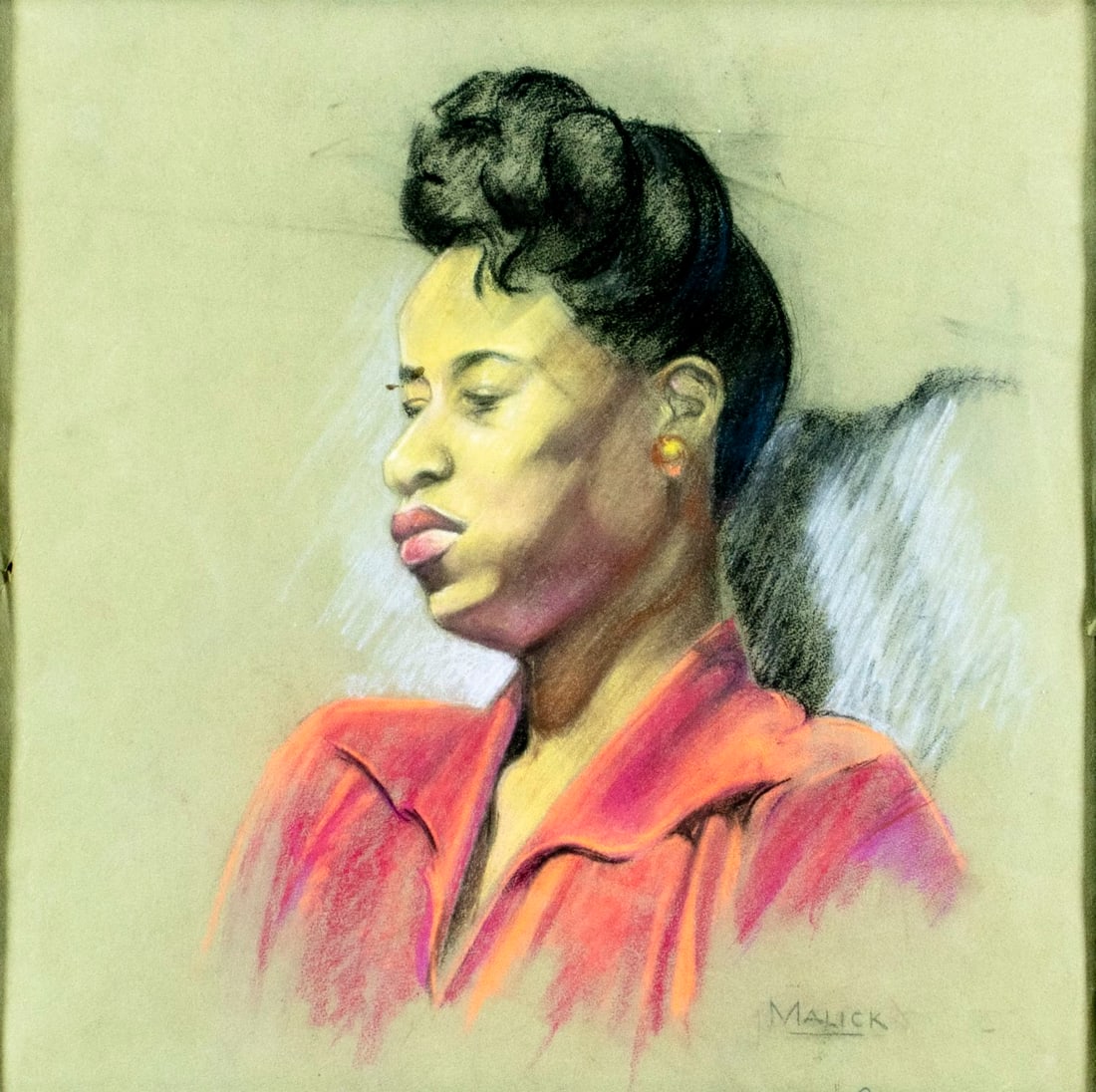 ATTR George Malick (PA,1924-1993) pastel painting: ARTIST: ATTRIBUTED TO George Charles Allen Malick (Pennsylvania, 1924 - 1993) TITLE: Portrait of Woman MEDIUM: pastel on paper CONDITION: One puncture by the left edge. Fe