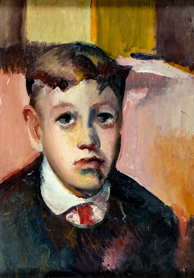 Andrew J Easter (US,20) oil painting: ARTIST: Andrew J Easter (American, 20 century) TITLE: Portrait of Boy MEDIUM: oil on board CONDITION: Some scratches. No visible inpaint under UV light. Wear to frame.