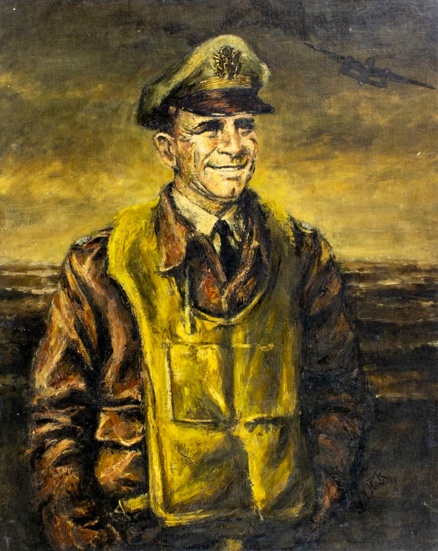 William A Orr (Fl,1925-2019) oil painting: ARTIST: William A Orr (Florida, 1925-2019) TITLE: Portrait of Pilot YEAR: 1964 MEDIUM: oil on canvas board CONDITION: Few small scratches/paint losses. F