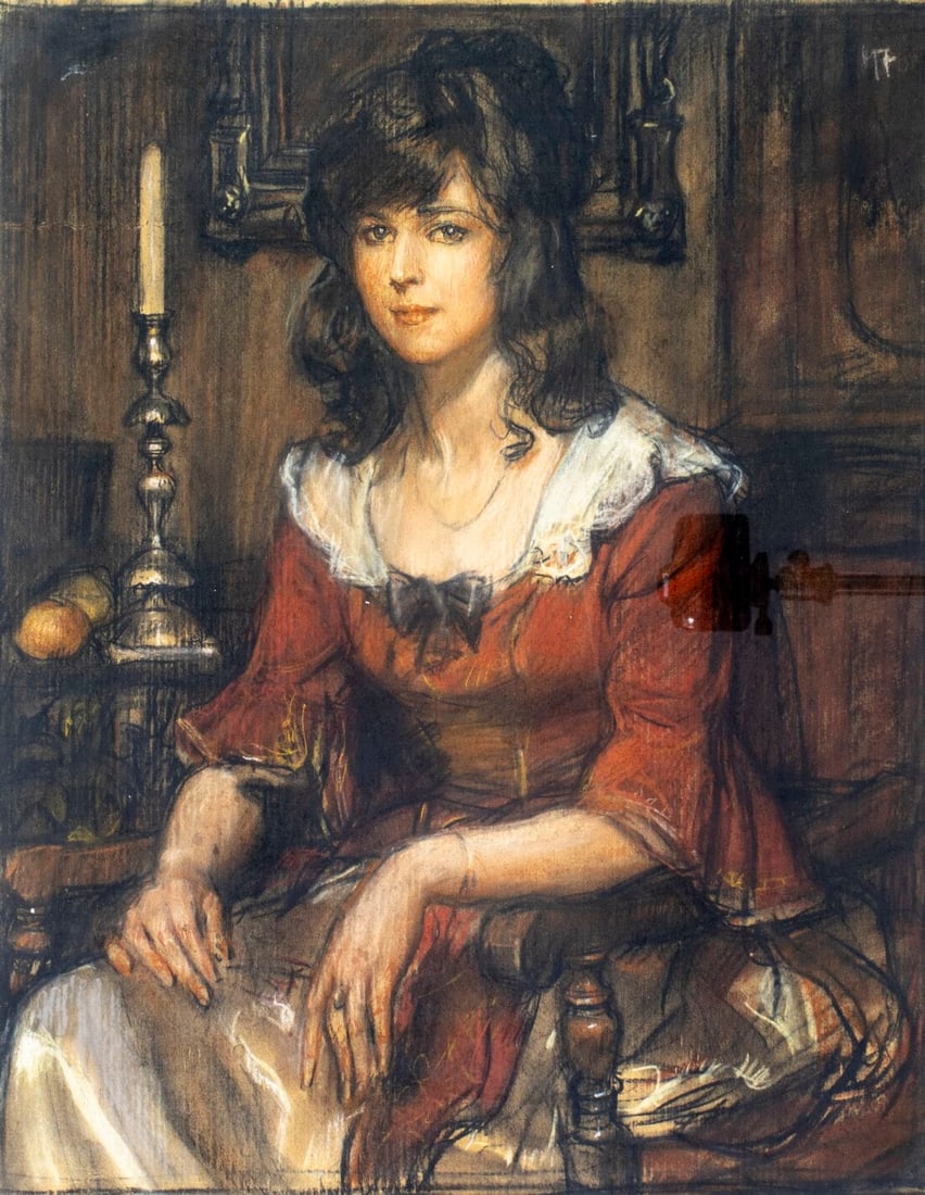 Vintage mid 20C pastel painting signed: ARTIST: - (mid 20 century) TITLE: Portrait of Seated Woman MEDIUM: pastel on paper CONDITION: One small tear to the lower edge. One crease line to the left edge. Few small