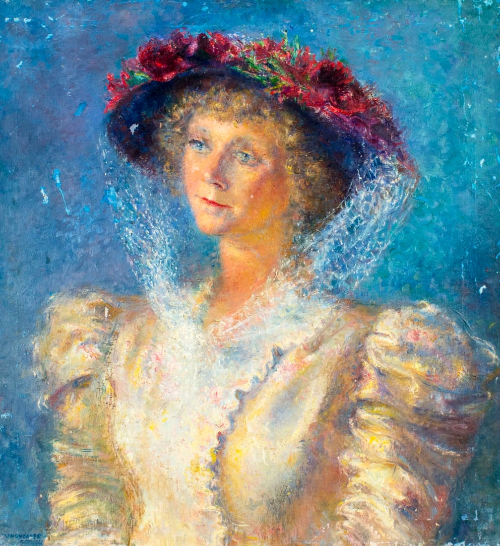 Clara Klinghoffer (NY,UK,Austria,1900-1970) oil painting: ARTIST: Clara Klinghoffer (New York, United Kingdom, Austrian, 1900 - 1970) TITLE: Portrait of Olga Kaltenborn MEDIUM: oil on canvas CONDITION: Two small patches. Some scr