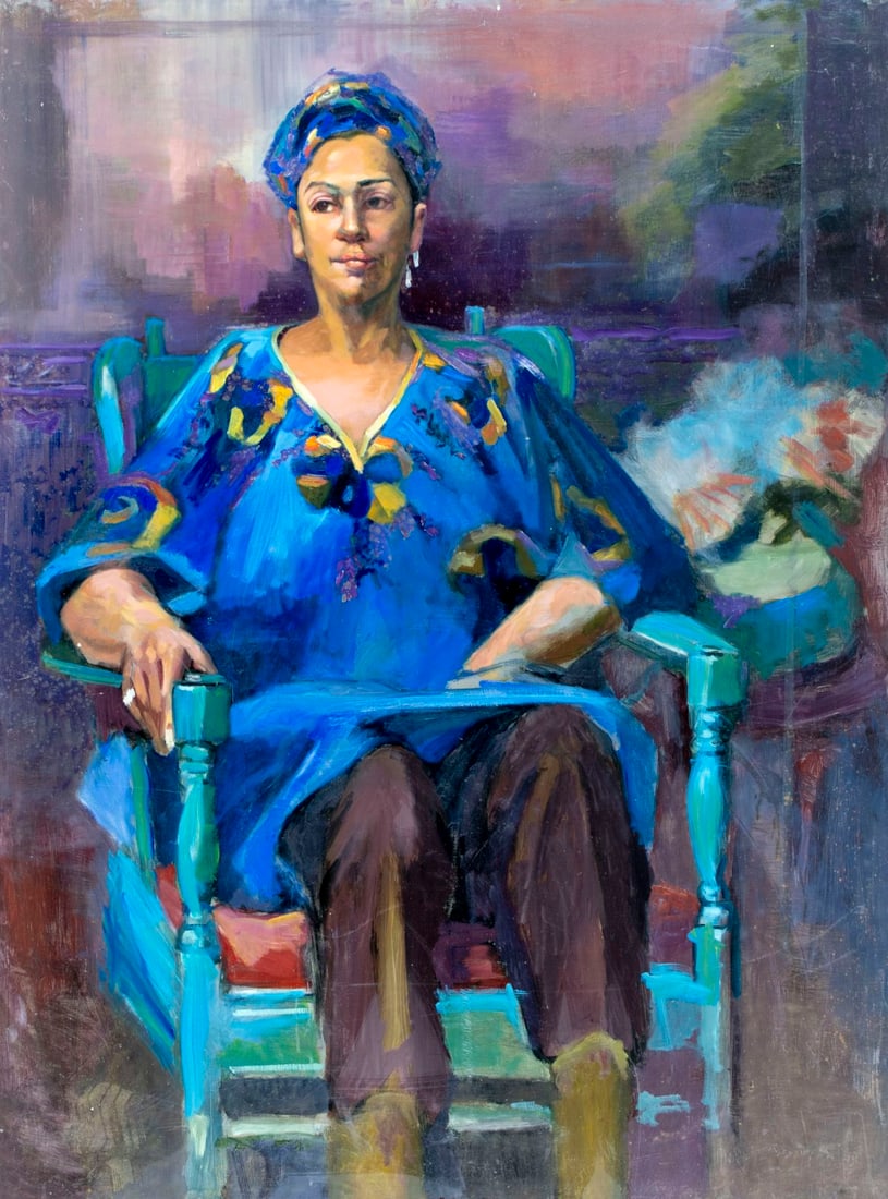John Reilly (NY,NJ,1942-2021) oil painting: ARTIST: John Reilly (New York, New Jersey, 1942 - 2021) TITLE: Portrait of Seated Woman MEDIUM: oil on board CONDITION: Minor damages to corners. Some scratches/paint los