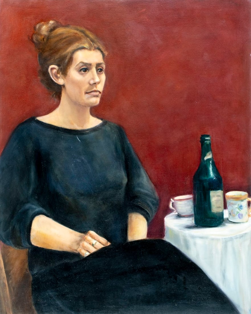 Penny Purpura (US,20C) oil painting: ARTIST: Penny Purpura (American, 20 century) TITLE: Portrait of Woman MEDIUM: oil on canvas CONDITION: Few minor paint losses. No visible inpaint under UV light. Normal wea