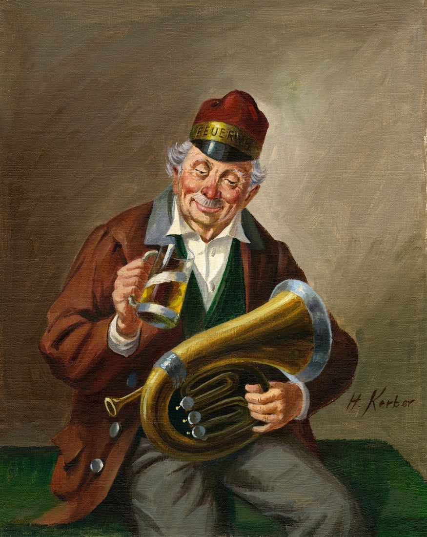 Hans Kerber (Austria,1920-?) oil painting: ARTIST: Hans Kerber (Austrian, 1920 - ???) TITLE: Old Man with French Horn and Beer Mug MEDIUM: oil on canvas CONDITION: Unstretched (In-House stretching available) (In-Ho